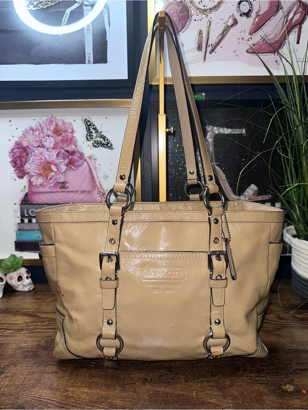 Coach Beige Patent Leather Tote with Buckle-Strap Details